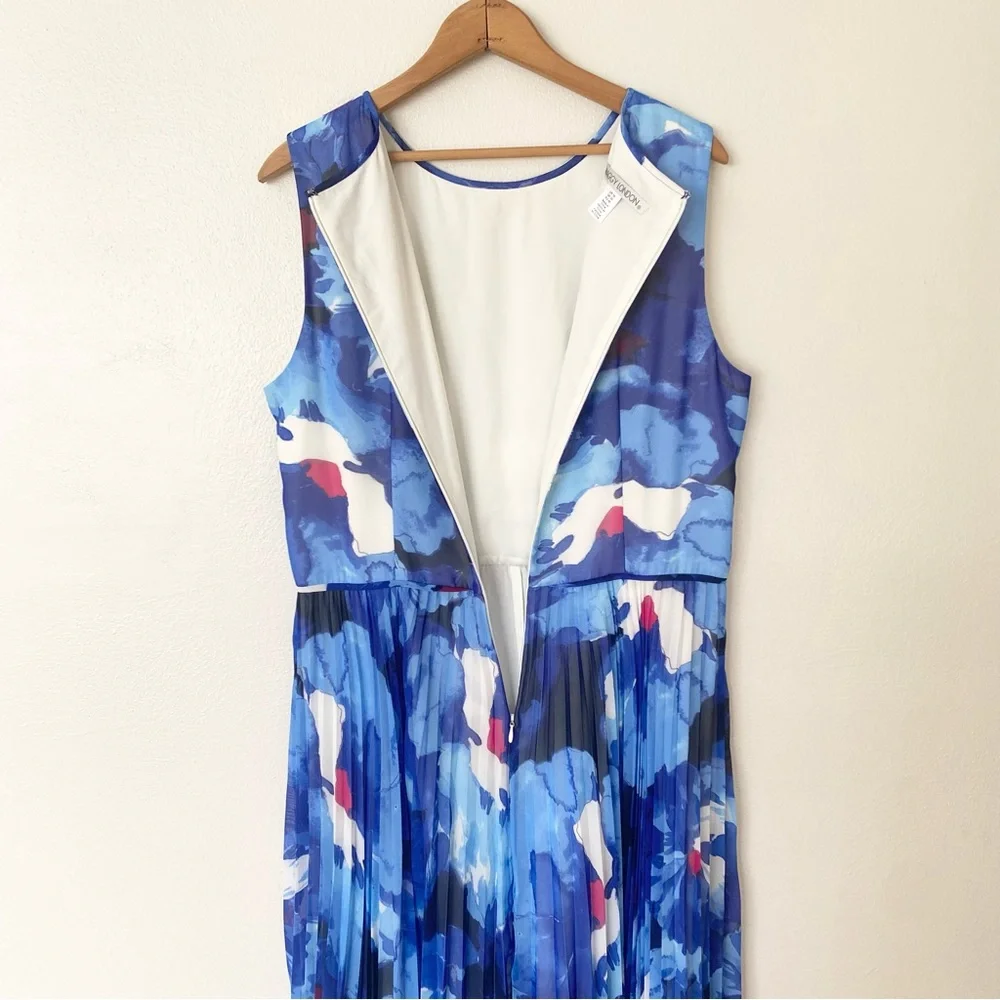 Maggy London Sleeveless Blue Floral Dress Women's Size 16 Pleated Skirt Spring - Picture 4 of 7